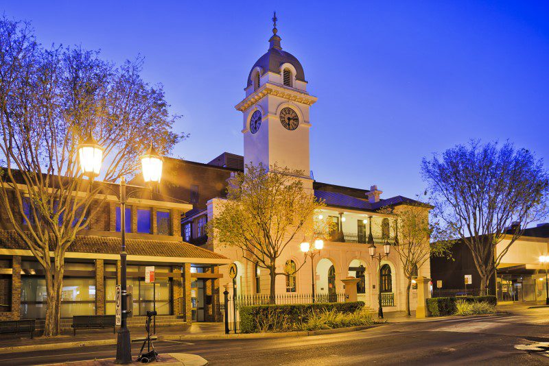 a town hall at night