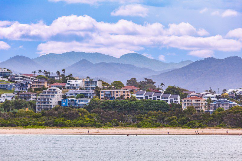 the coastline of Coffs Harbour, NSW with the mountains in the background