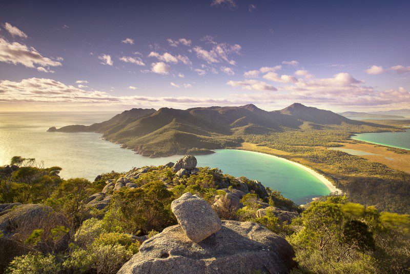 view of a Tasmanian bay from a mountain top